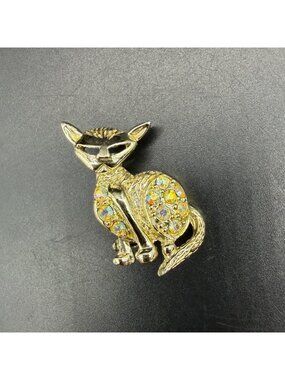 Vintage Cat Brooch Pin Rhinestone Gold Tone Mid Century Modern Kitschy Sparkle